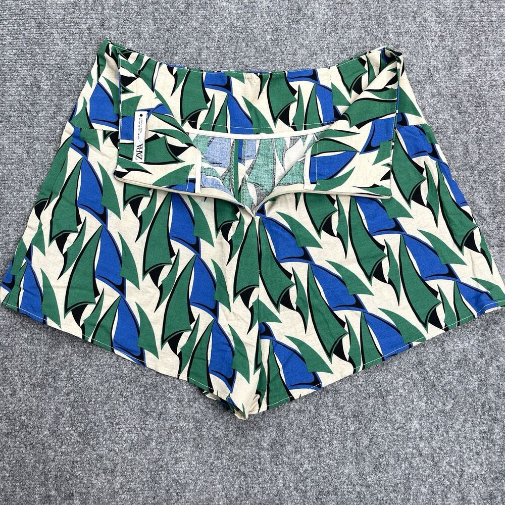 Zara Shorts Womens Medium Viscose Cotton Linen High Rise Zip Back Blue Green - Picture 5 of 10